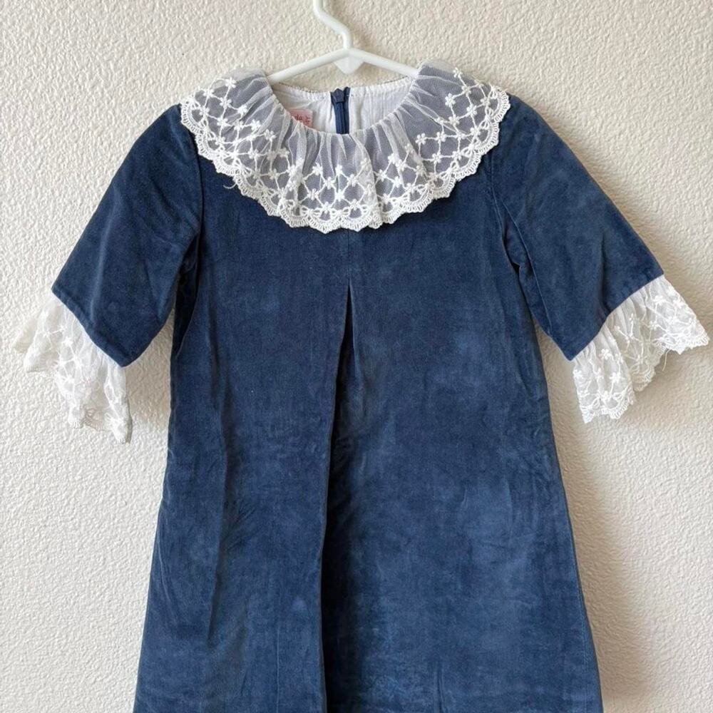 La Coqueta Carolina Blue Velvet Lace Girl Dress 4Y Made in Spain